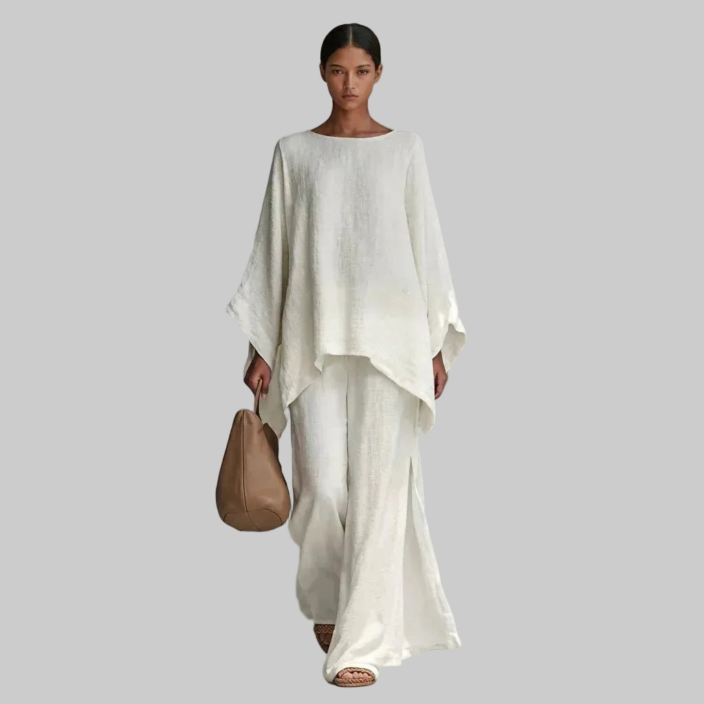 Verónica Conjunto de Dos Piezas con Blusa de Manga Larga y Pantalón de Pernera Ancha