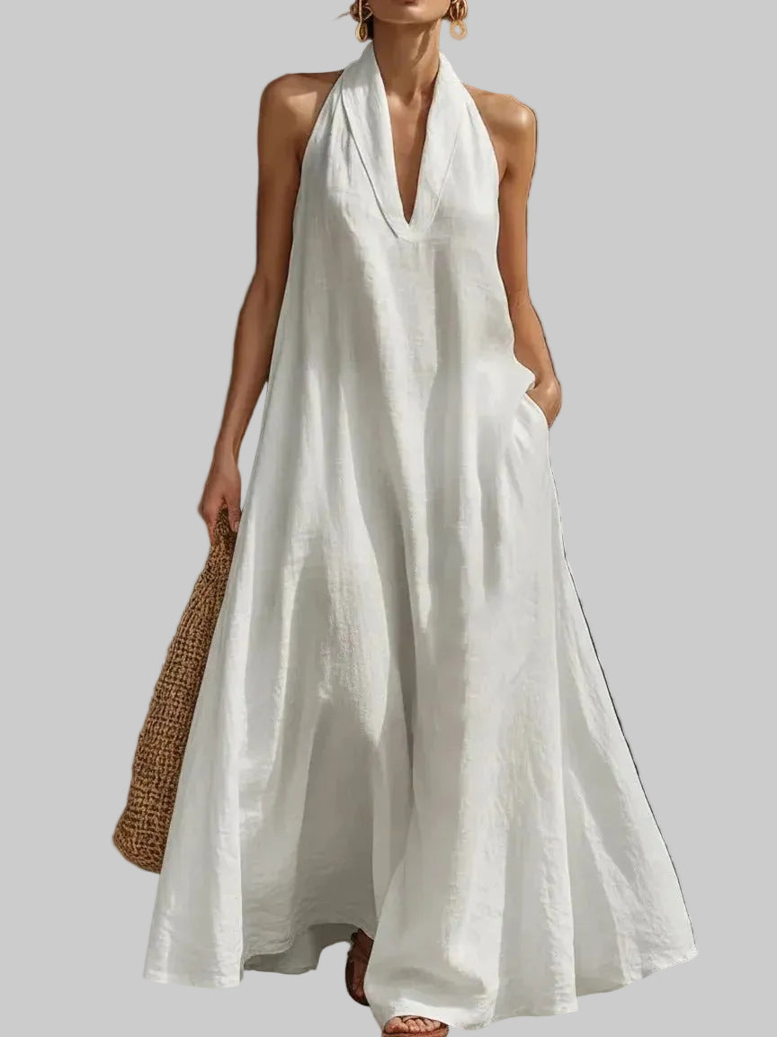 Clara Vestido Maxi de Algodón y Lino con Cuello Halter