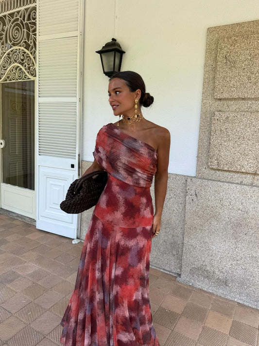 Vestido Largo de Hombro Caído con Estampado en Acuarela