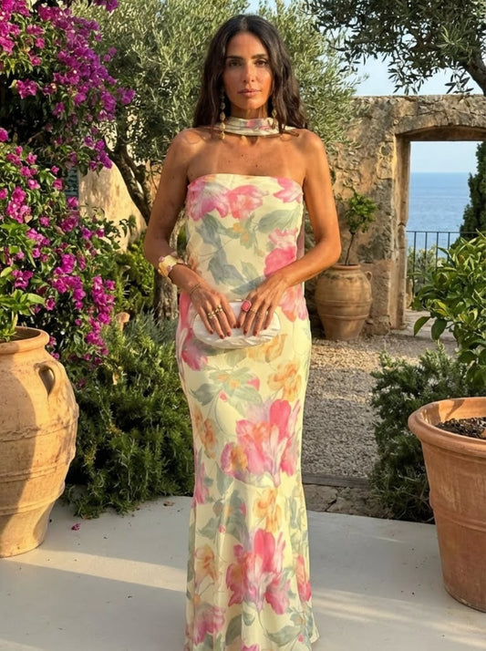 Vestido Largo Sin Tirantes Estampado Floral en Acuarela