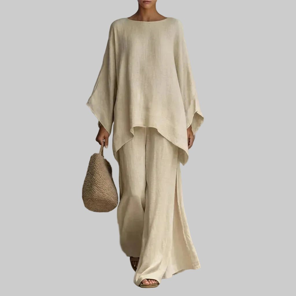 Verónica Conjunto de Dos Piezas con Blusa de Manga Larga y Pantalón de Pernera Ancha
