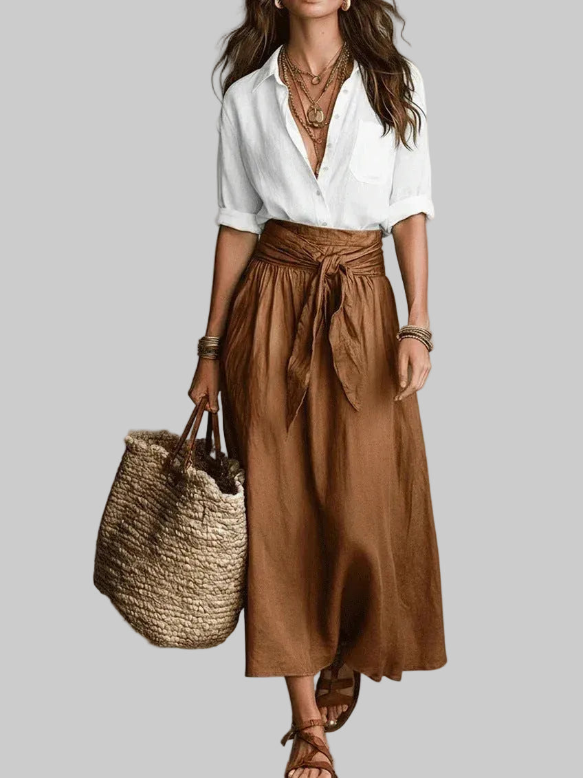 Vida Conjunto Elegante de Dos Piezas con Blusa Negra y Falda Midi