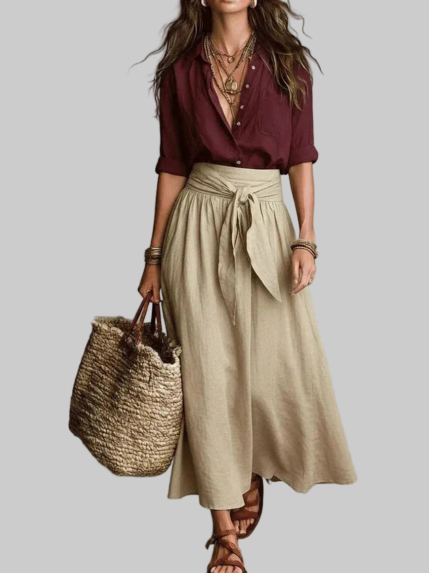 Vida Conjunto Elegante de Dos Piezas con Blusa Negra y Falda Midi