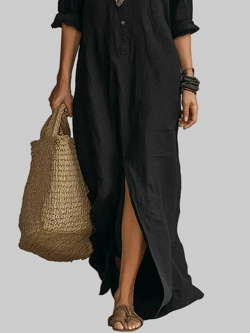 Céline Vestido Maxi Negro de Volumen con Botones