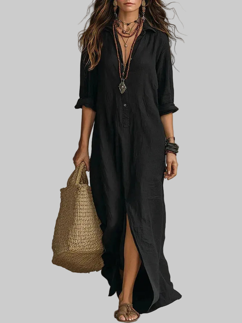Céline Vestido Maxi Negro de Volumen con Botones