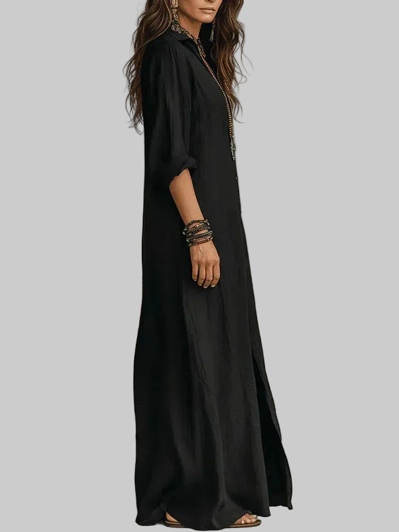 Céline Vestido Maxi Negro de Volumen con Botones