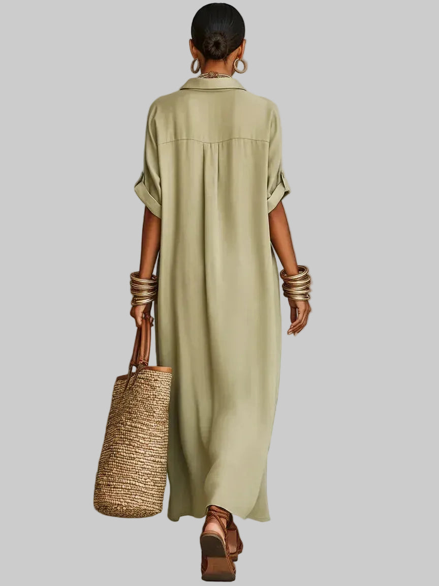 Megan Vestido Maxi Verde Oliva de Líneas Minimalistas