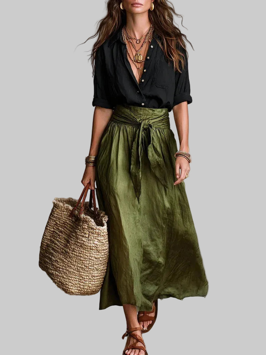Vida Conjunto Elegante de Dos Piezas con Blusa Negra y Falda Midi