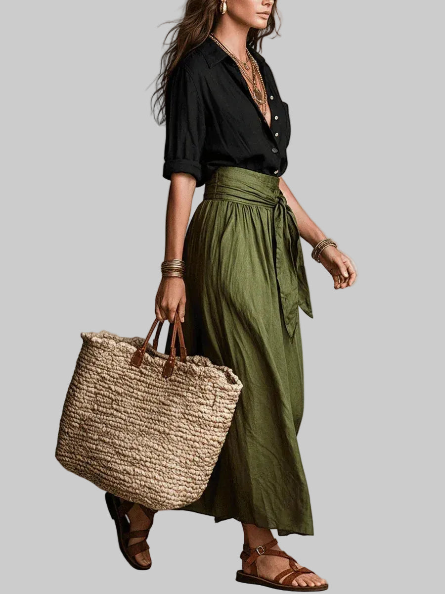 Vida Conjunto Elegante de Dos Piezas con Blusa Negra y Falda Midi