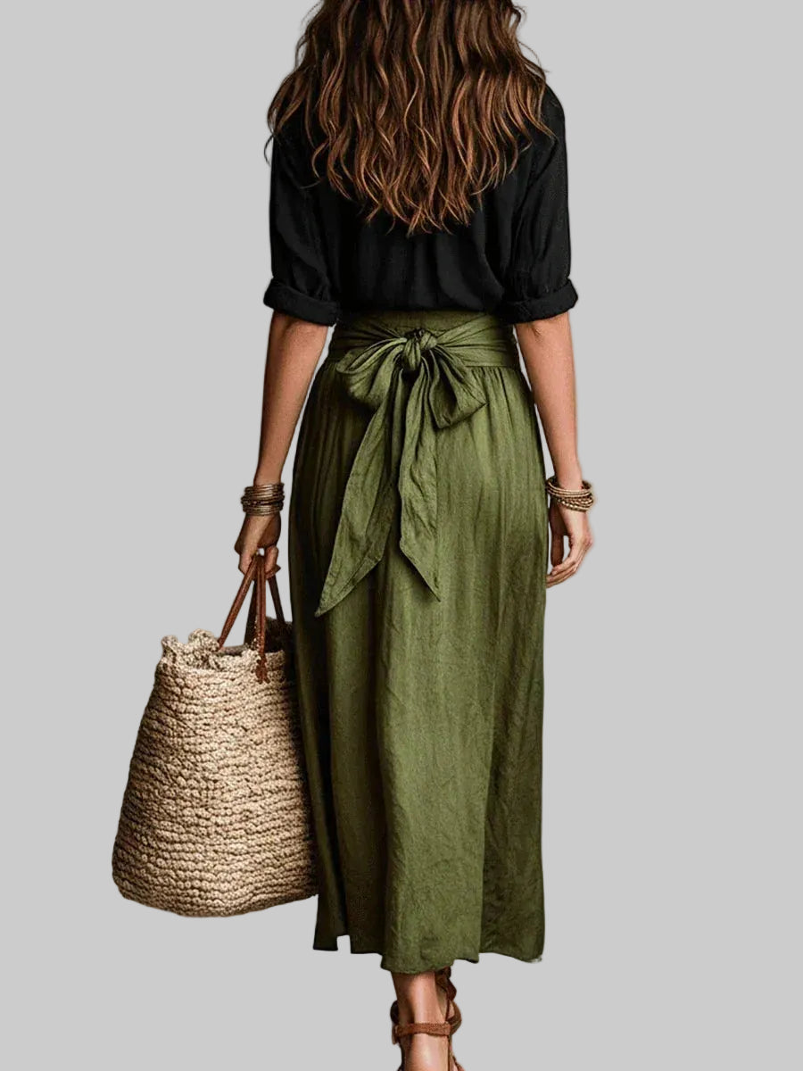 Vida Conjunto Elegante de Dos Piezas con Blusa Negra y Falda Midi