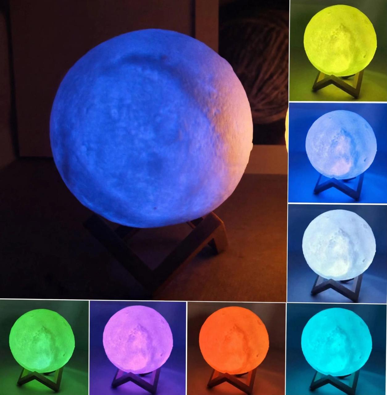 Lampara de luna luz led con base de madera