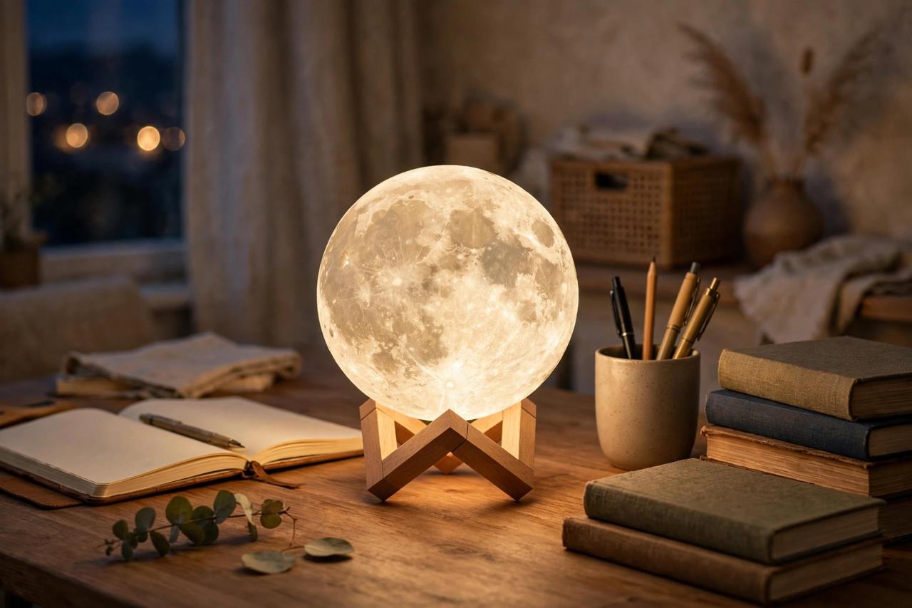 Lampara de luna luz led con base de madera