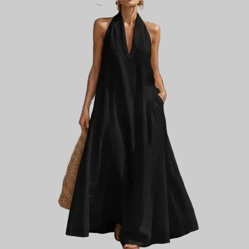 Clara Vestido Maxi de Algodón y Lino con Cuello Halter