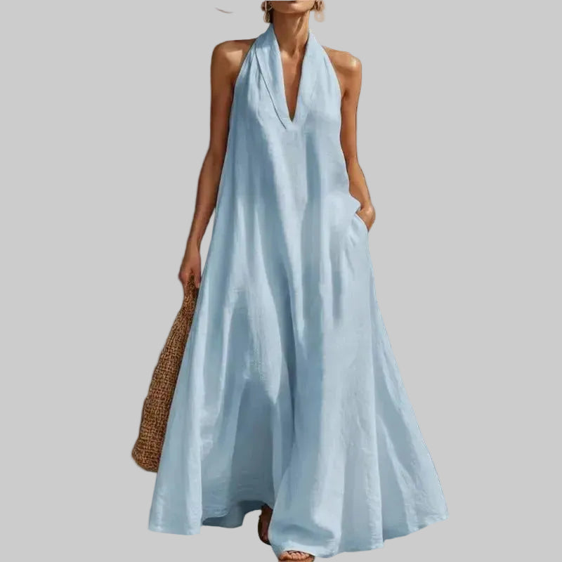 Clara Vestido Maxi de Algodón y Lino con Cuello Halter