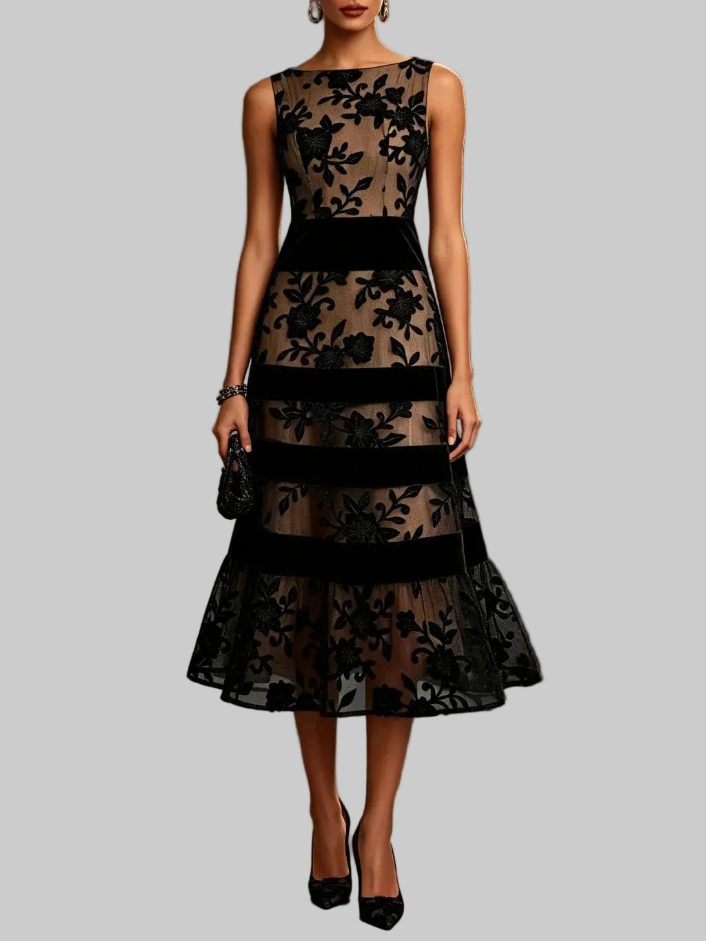 Odette Vestido Midi de Tul Bordado Floral