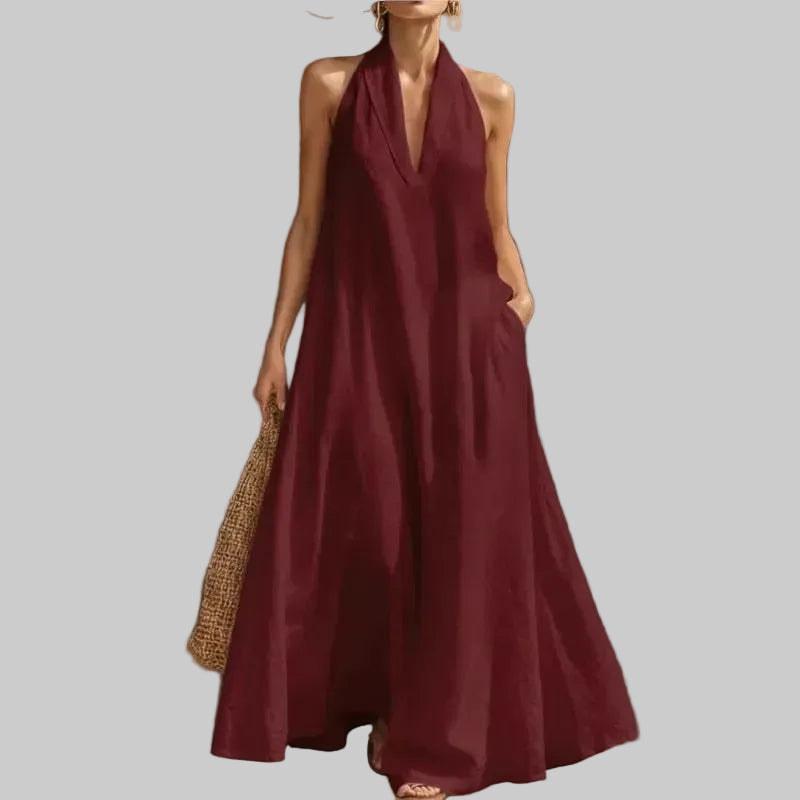 Clara Vestido Maxi de Algodón y Lino con Cuello Halter