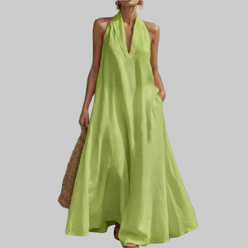 Clara Vestido Maxi de Algodón y Lino con Cuello Halter