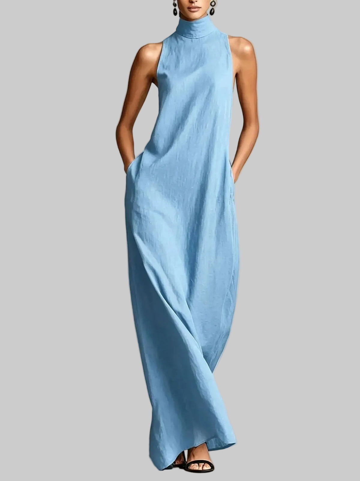 Marina Vestido Largo Holgado sin Mangas con Cuello Alto
