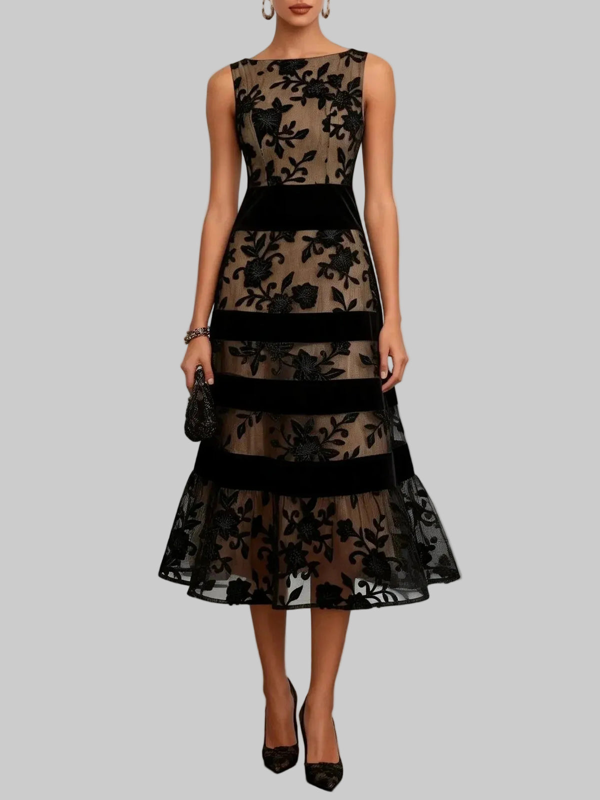 Odette Vestido Midi de Tul Bordado Floral