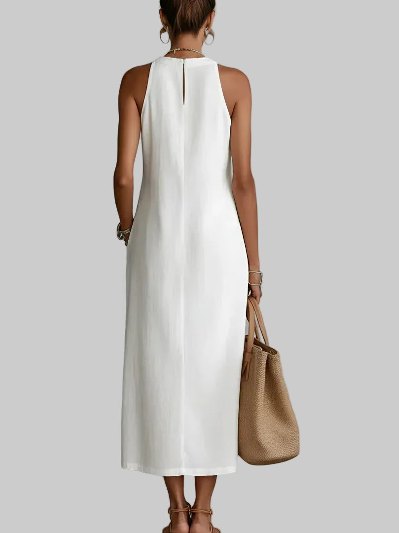 Valeria Vestido Midi Elegante con Cuello Mao