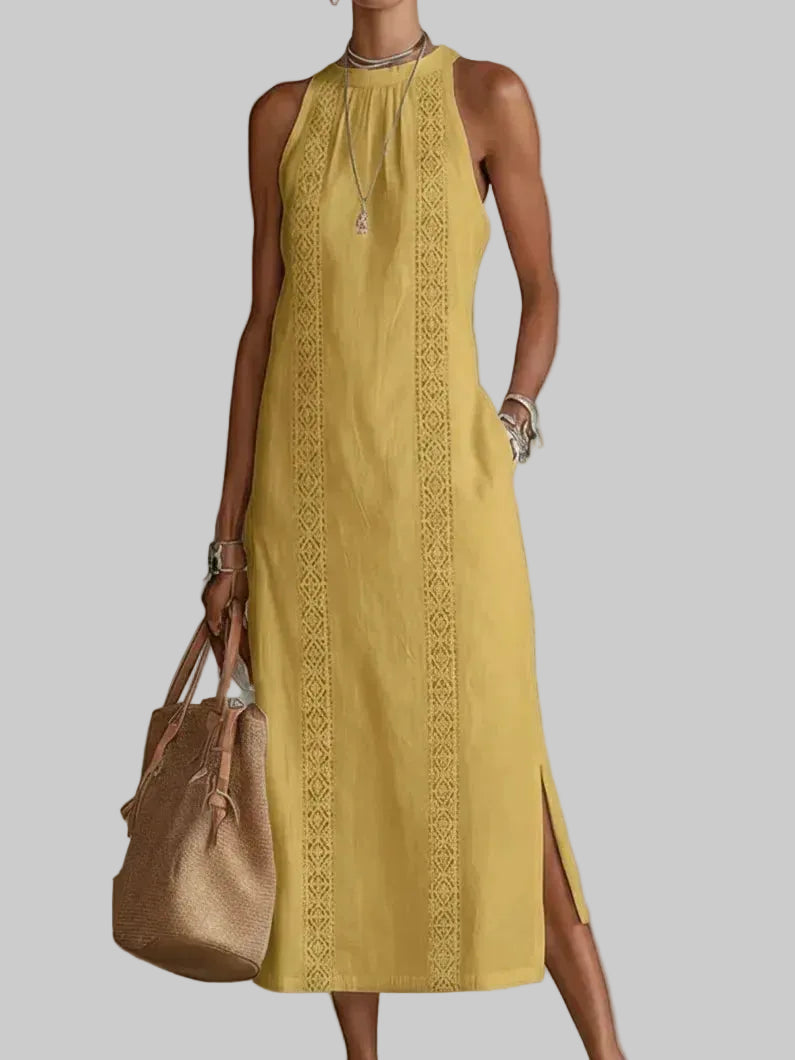 Valeria Vestido Midi Elegante con Cuello Mao