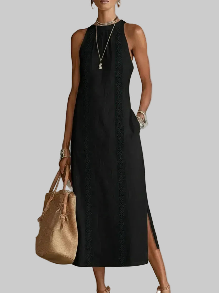 Valeria Vestido Midi Elegante con Cuello Mao
