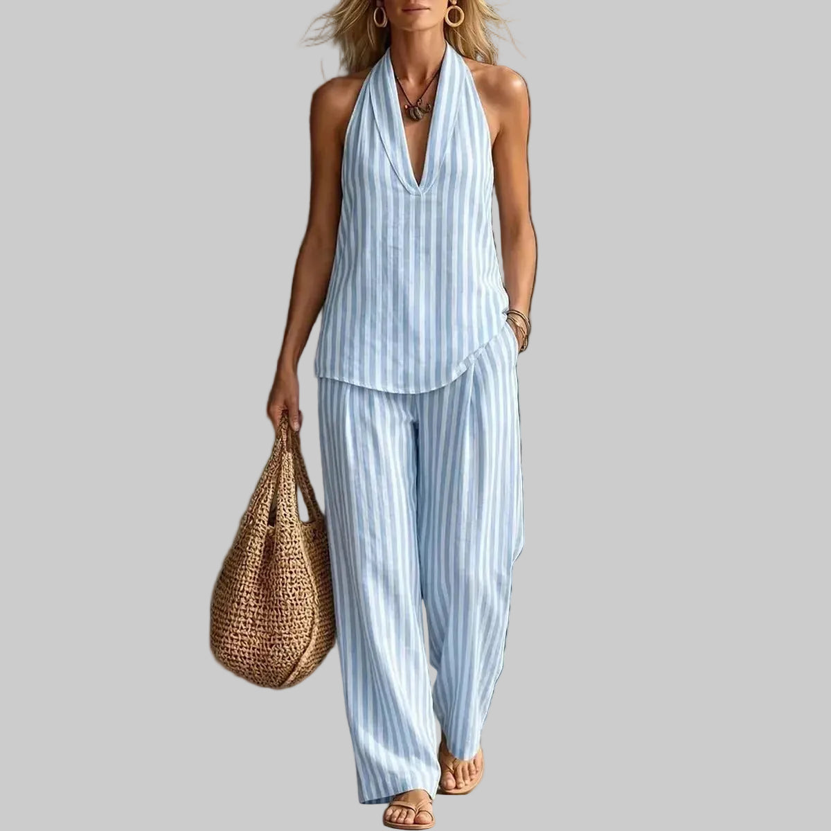 Sofía Conjunto Efecto Lino con Top Halter y Pantalón Ancho a Rayas