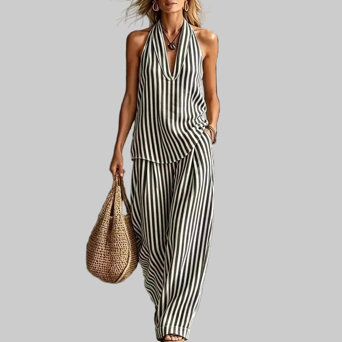 Sofía Conjunto Efecto Lino con Top Halter y Pantalón Ancho a Rayas