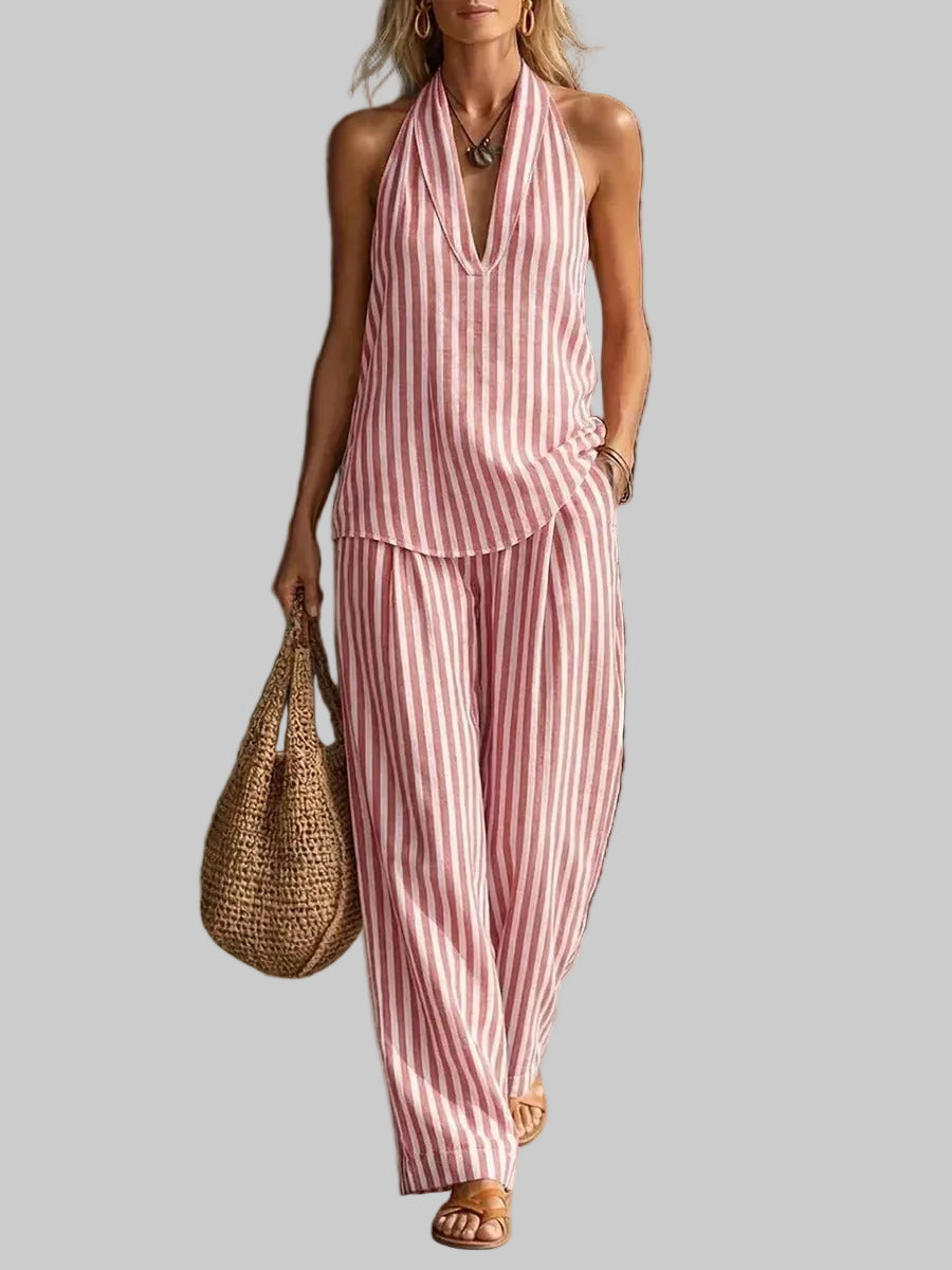 Sofía Conjunto Efecto Lino con Top Halter y Pantalón Ancho a Rayas