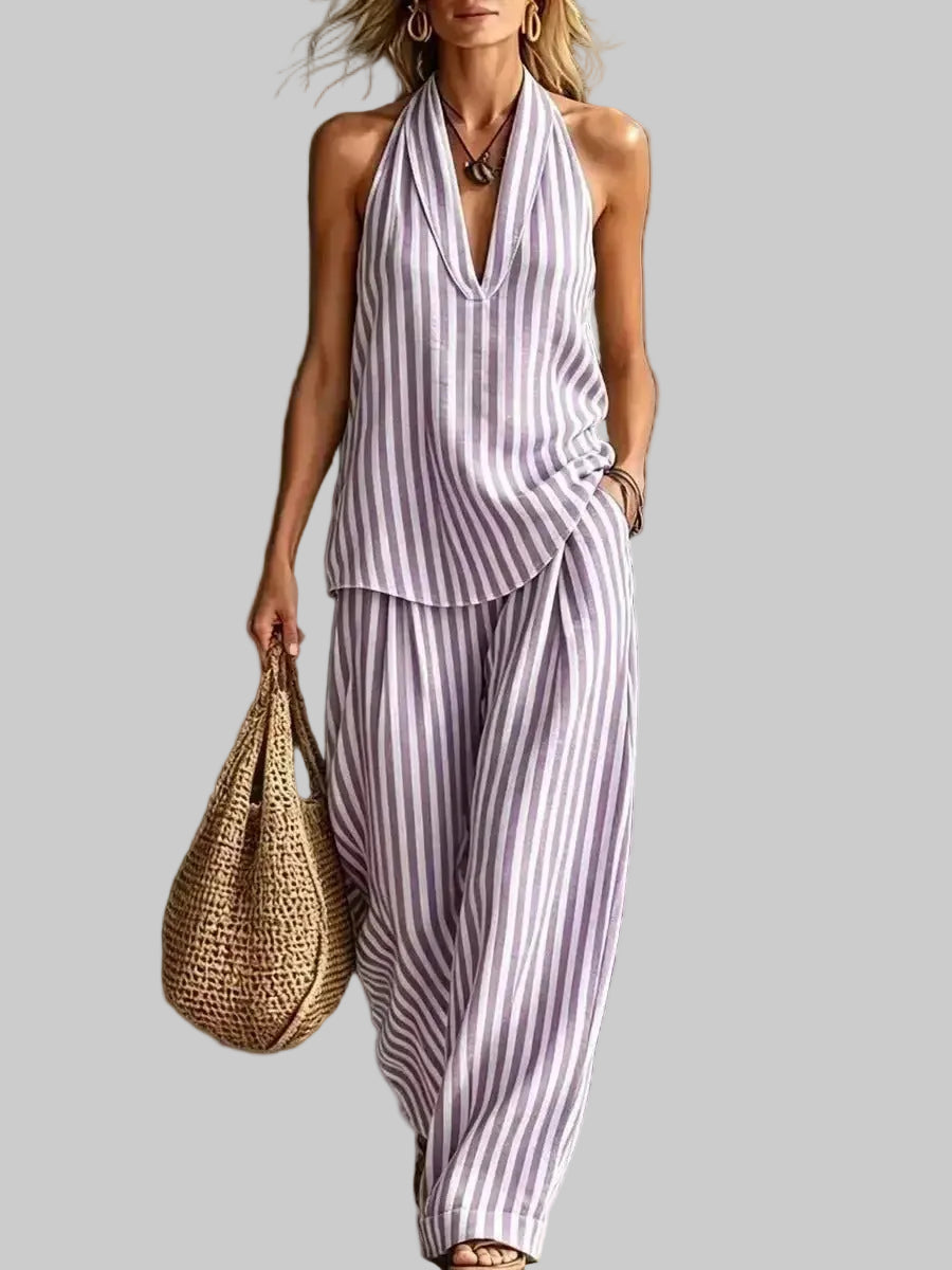 Sofía Conjunto Efecto Lino con Top Halter y Pantalón Ancho a Rayas