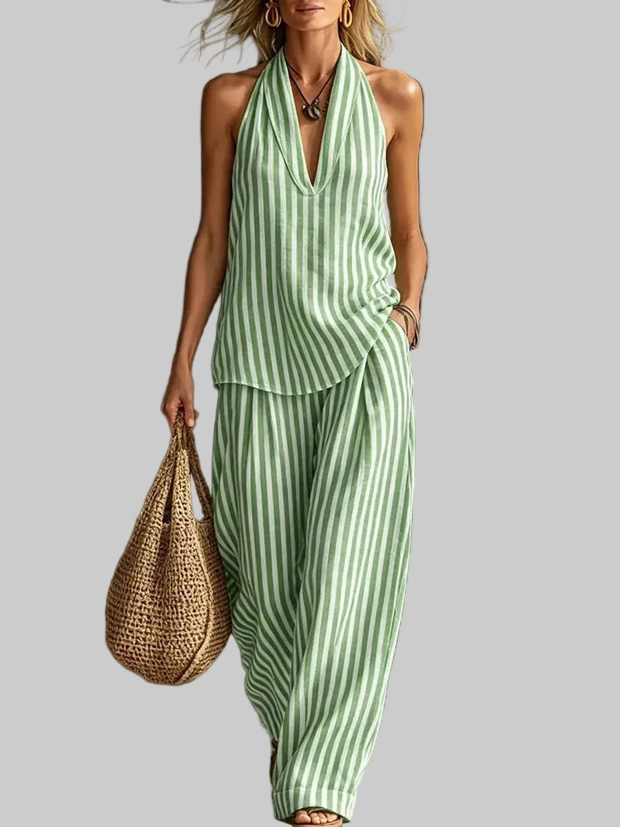 Sofía Conjunto Efecto Lino con Top Halter y Pantalón Ancho a Rayas